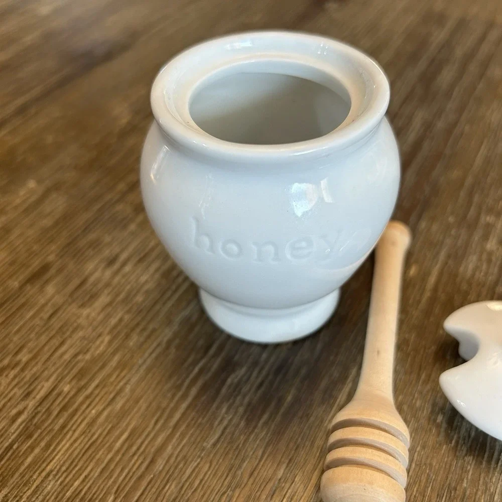 Pottery Barn Great White Honey Pot Jar Lid Wooden Dipper 3.5